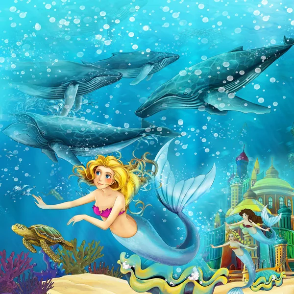 Cartoon Ocean Mermaid Underwater Kingdom Swimming Whales Illustration Children — Stock Photo, Image