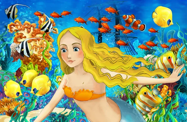 Kreskówka Ocean Syrenka Królestwie Podwodne Pływanie Ryby Ilustracja Dla Dzieci — Zdjęcie stockowe