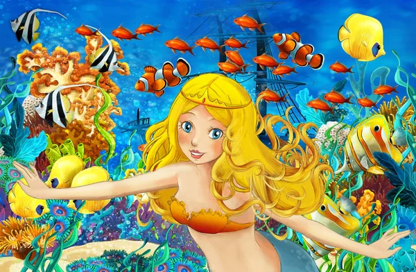 Cartoon Ocean Mermaid Underwater Kingdom Swimming Fishes Illustration Children — Stock Photo, Image