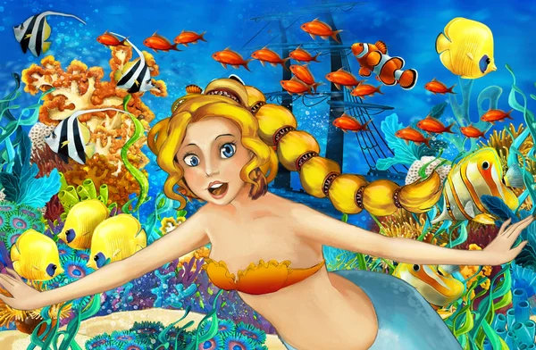 Océano Dibujos Animados Sirena Reino Submarino Nadando Con Peces Ilustración — Foto de Stock