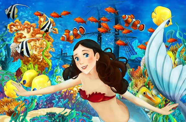 动画片海洋和美人鱼在水下王国游泳与鱼 例证为孩子 — 图库照片
