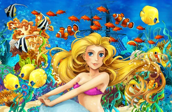 动画片海洋和美人鱼在水下王国游泳与鱼 例证为孩子 — 图库照片