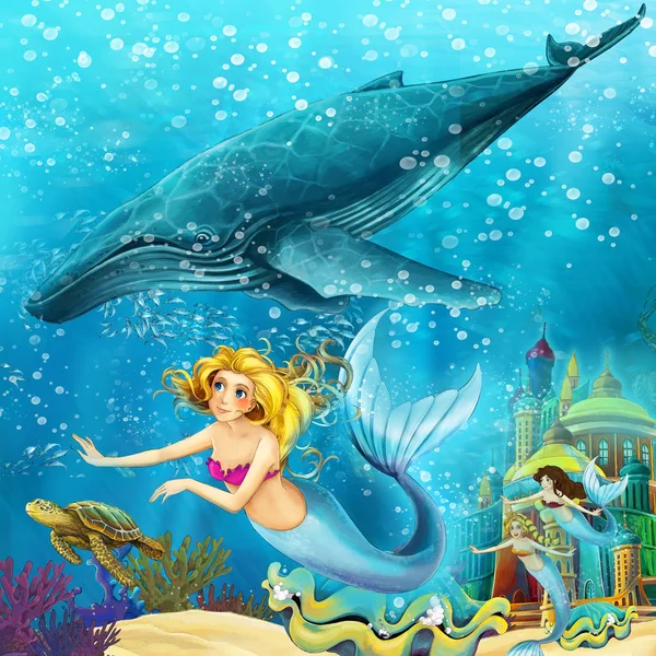 Γελοιογραφία Ωκεανό Και Γοργόνα Στο Βασίλειο Υποθαλάσσια Κολύμπι Φάλαινες Εικονογράφησης — Φωτογραφία Αρχείου