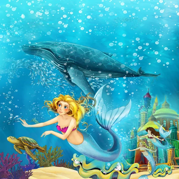 动画片海洋和美人鱼在水下王国游泳与鲸鱼 例证为孩子 — 图库照片