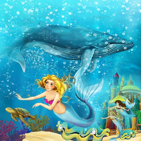 Océano Dibujos Animados Sirena Reino Submarino Nadando Con Ballenas Ilustración — Foto de Stock