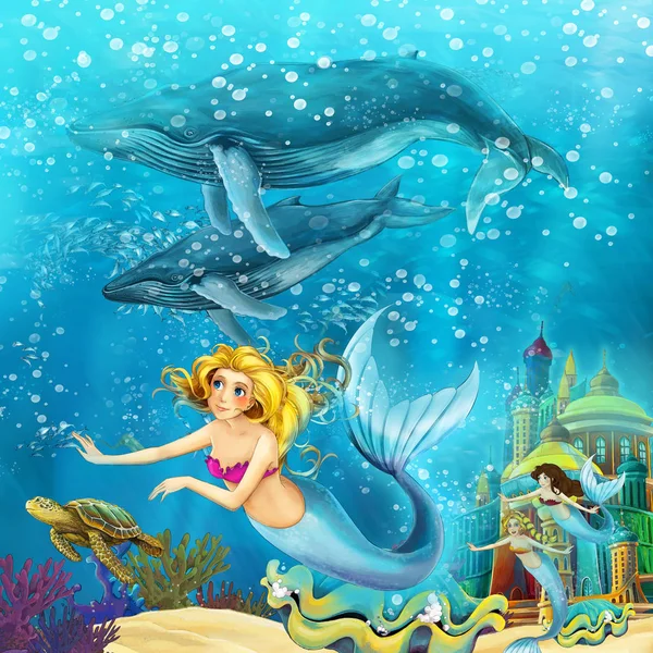 动画片海洋和美人鱼在水下王国游泳与鲸鱼 例证为孩子 — 图库照片