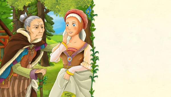 cartoon scene with older woman and princess in the forest - with space for text - illustration for children