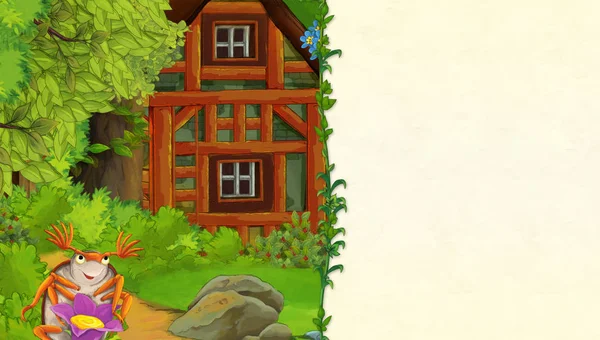 Γελοιογραφία Σκηνή Παλαιότερο Ξύλινο Σπίτι Στο Δάσος Χώρο Για Κείμενο — Φωτογραφία Αρχείου