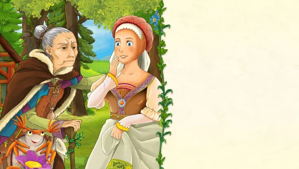 Cartoon Scen Med Äldre Kvinna Och Prinsessan Skogen Med Utrymme — Stockfoto