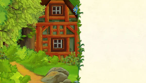 漫画のシーンのテキスト領域を持つ森の古い木造住宅で子供たちのイラスト — ストック写真