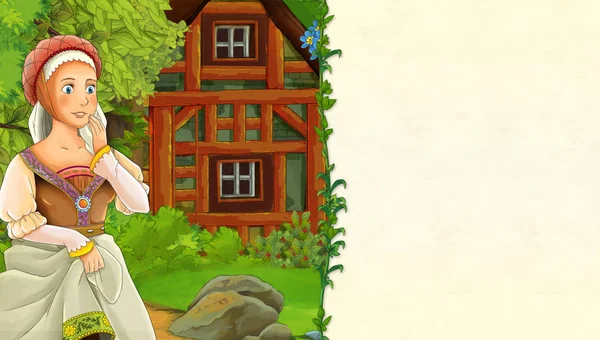 Cartoon Scene Older Wooden House Forest Beautiful Young Woman Space — Stock Photo, Image