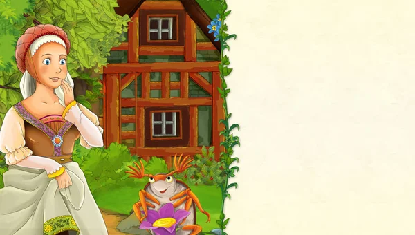 Cartoon Scene Older Wooden House Forest Beautiful Young Woman Dumbledore — Stock Photo, Image