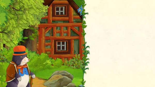 Γελοιογραφία Σκηνή Ξύλινο Σπίτι Στο Δάσος Χώρο Για Κείμενο Εικονογράφηση — Φωτογραφία Αρχείου