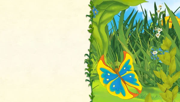 cartoon scene with butterfly on the meadow - with space for text - illustration for children