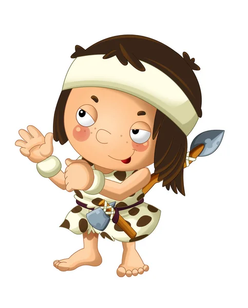 子供のための白い背景図の上に斧と槍幸せな穴居人の野蛮な戦士の漫画シーン — ストック写真