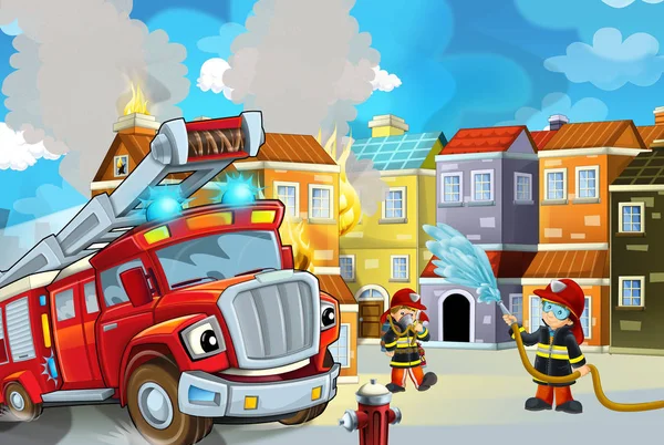 Cartoon Bühne Mit Feuerwehrmann Und Feuerwehrauto Der Nähe Brennender Gebäude — Stockfoto