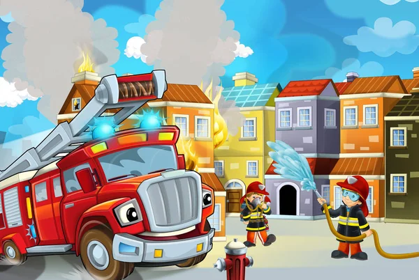 cartoon stage with fireman and fire truck near burning building colorful scene - illustration for childrencartoon stage with fireman and fire truck near burning building colorful scene - illustration for children