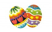 karikatura šťastné Velikonoce scénu s barevné velikonoční vajíčka na bílém pozadí - ilustrace pro děti