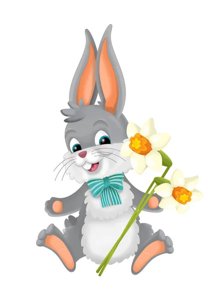 cartoon happy easter rabbit with basket full of easter eggs on white background - illustration for children