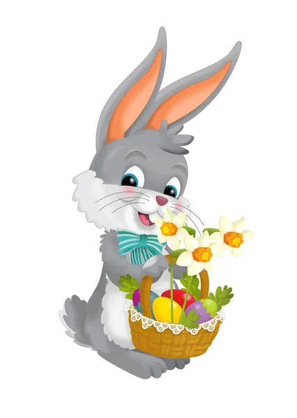 Cartoon Happy Easter Rabbit Basket Full Easter Eggs White Background — Stock Photo, Image