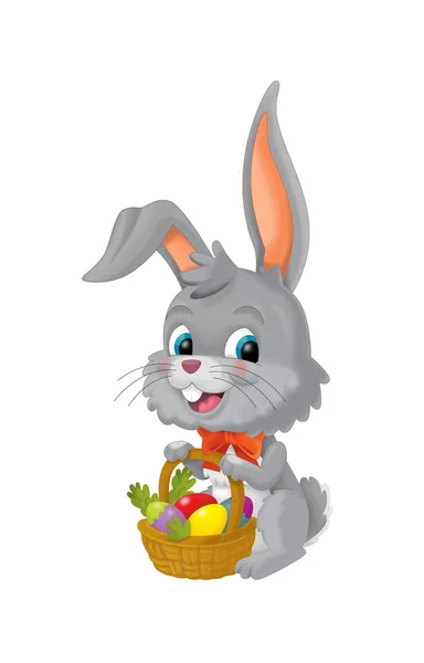 Happy Easter Rabbit Basket Full Eggs White Background Illustration Children — Stock Photo, Image