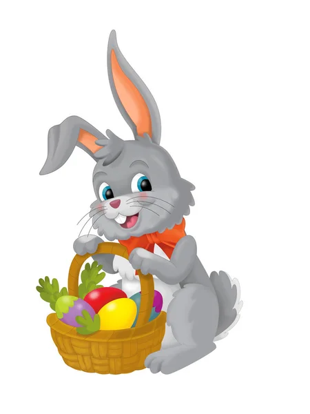 Happy Easter Rabbit Basket Full Eggs White Background Illustration Children — Stock Photo, Image