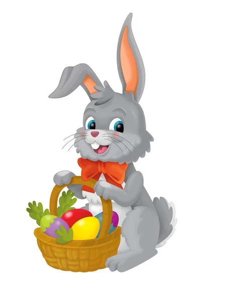 Happy Easter Rabbit Basket Full Eggs White Background Illustration Children — Stock Photo, Image