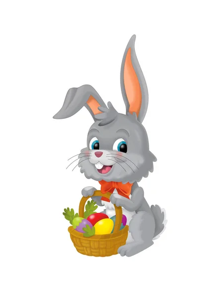 Happy Easter Rabbit Basket Full Eggs White Background Illustration Children — Stock Photo, Image