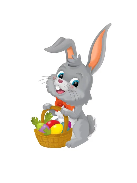 Happy Easter Rabbit Basket Full Eggs White Background Illustration Children — Stock Photo, Image