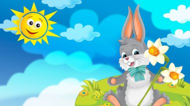 Mutlu Paskalya tavşanı doğa bahar zemin - çocuklar için resim üzerine güzel çiçekler ile çizgi film