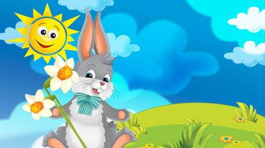 Mutlu Paskalya tavşanı doğa bahar zemin - çocuklar için resim üzerine güzel çiçekler ile çizgi film