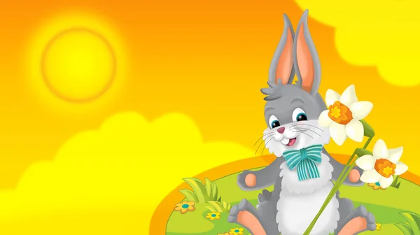 动画片愉快的复活节兔子与美丽的花在自然春天背景 例证为孩子 — 图库照片