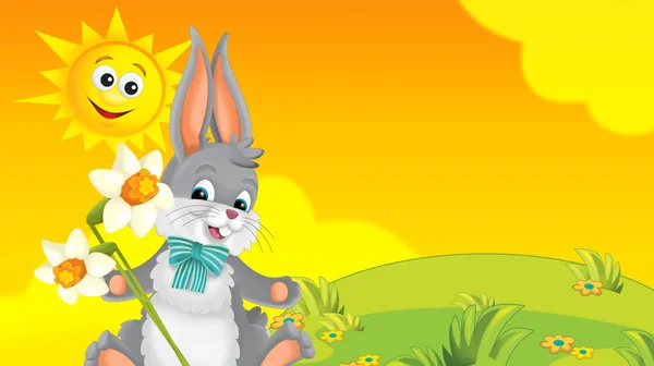 Dibujos Animados Feliz Conejo Pascua Con Hermosas Flores Naturaleza Fondo — Foto de Stock