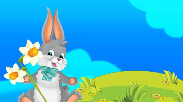Cartoon Happy Påsk Kanin Med Vackra Blommor Naturen Våren Bakgrund — Stockfoto