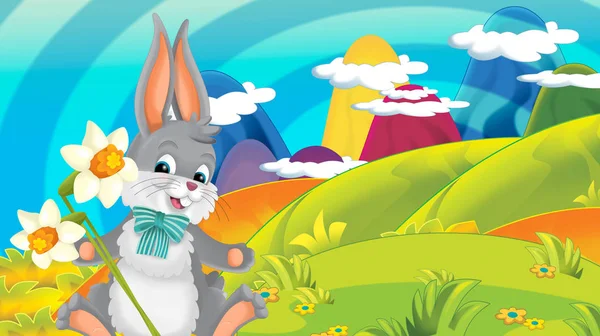 Cartoon Glücklich Osterhase Mit Schönen Blumen Auf Natur Frühling Hintergrund — Stockfoto