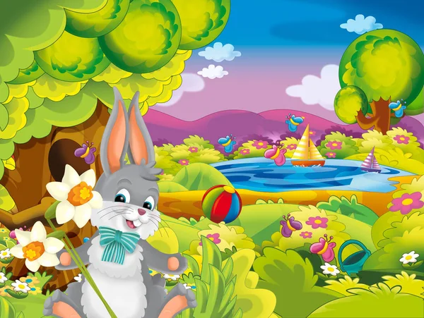 Cartoon Happy Easter Rabbit Beautiful Flowers Nature Spring Background Illustration — Stock Photo, Image