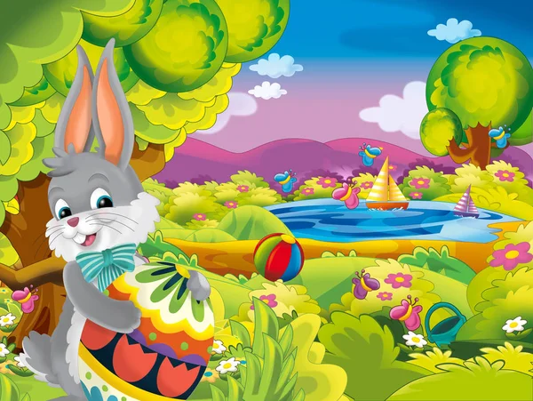 Cartoon Glücklich Osterhase Mit Schönen Osterei Auf Natur Frühling Hintergrund — Stockfoto