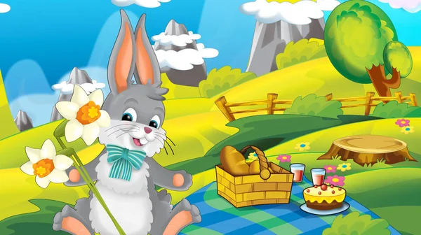 Cartoon Happy Easter Rabbit Beautiful Flowers Nature Spring Background Illustration — Stock Photo, Image