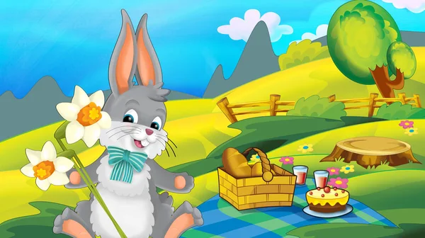 Мультяшный Пасхальный Кролик Красивыми Цветами Природе Весенний Фон Иллюстрация Детей — стоковое фото
