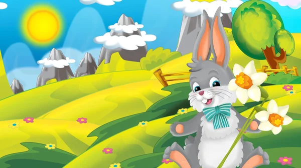 Мультяшный Пасхальный Кролик Красивыми Цветами Природе Весенний Фон Иллюстрация Детей — стоковое фото