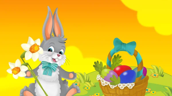 Dibujos Animados Feliz Conejo Pascua Con Hermosas Flores Naturaleza Fondo — Foto de Stock