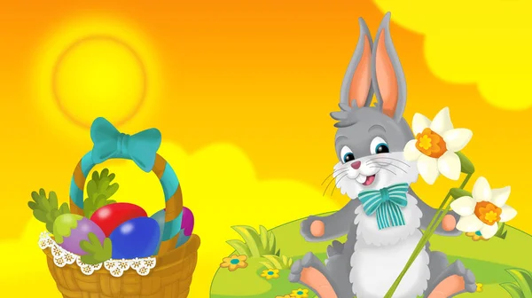 cartoon happy easter rabbit with beautiful flowers on nature spring background - illustration for children