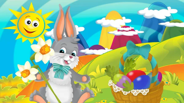 Dibujos Animados Feliz Conejo Pascua Con Hermosas Flores Naturaleza Fondo — Foto de Stock