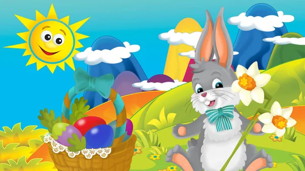 Cartoon Glücklich Osterhase Mit Schönen Blumen Auf Natur Frühling Hintergrund — Stockfoto