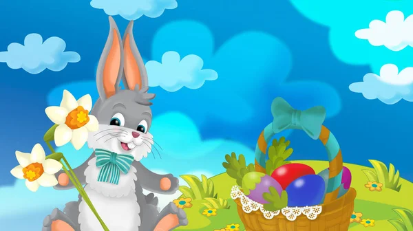 Dibujos Animados Feliz Conejo Pascua Con Hermosas Flores Naturaleza Fondo — Foto de Stock