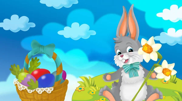 cartoon happy easter rabbit with beautiful flowers on nature spring background - illustration for children