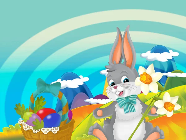 Мультяшний Щасливий Великодній Кролик Красивими Квітами Природі Весняний Фон Ілюстрація — стокове фото