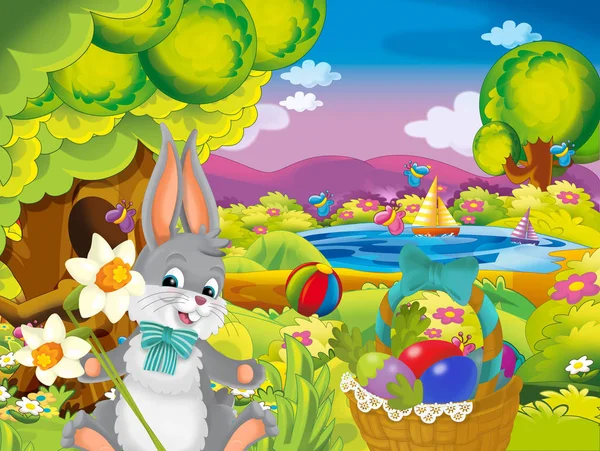 Cartoon Happy Easter Rabbit Beautiful Flowers Nature Spring Background Illustration — Stock Photo, Image