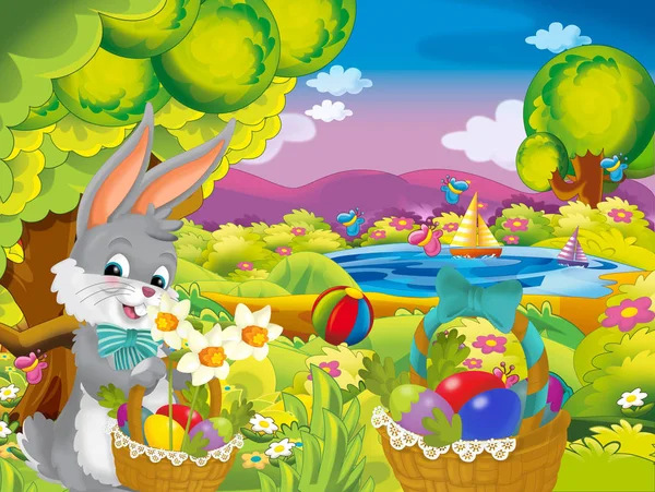 Rajzfilm Boldog Húsvéti Nyúl Gyönyörű Virágok Természet Tavaszi Háttér Illusztrációja — Stock Fotó