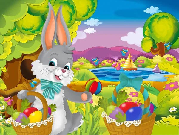 Мультфильм Счастливый Пасхальный Кролик Красивыми Пасхальными Яйцами Корзине Природе Весенний — стоковое фото